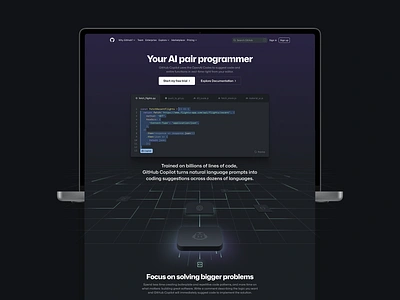 Github Copilot landing page ai chip dark theme demo grid hero illustration layout software web