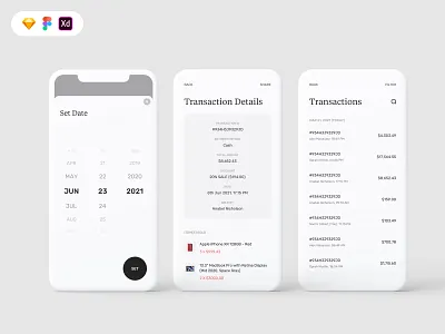 Transactions screen for B2C mobile UI apple arotec circule button clean date date picker design filter freebie funnel logo minimal transaction uiux design