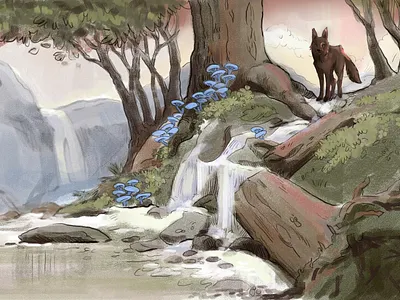 Hayzien Woods - Battle of the Wolf and the Mushrooms concept art forest fire game art illustration landscape illustration mushrooms troll waterfall wolf wolfpack woodland fantasy woods