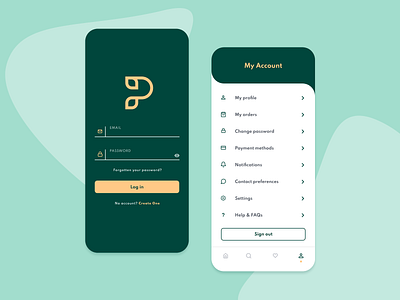 Log In and Account Menu account app app design application blocks gold green icons login logo mark menu mobile mobile app mobile design mobile ui ui uiux ux web