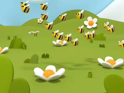 Bumblebees 3d illustration 3d rendering bees bugs c4d character design cinema 4d environment field flowers grass hill illustration landscape nature plain plants scene scenery sky