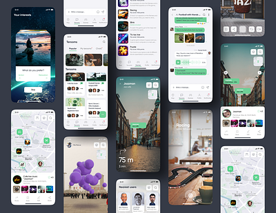 Mobile application design for AR social network app design application augmented reality chat concept design guide interaction interface map mobile navigation places route social network tourist ui user experience user interface design ux