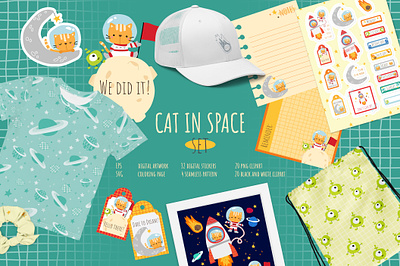 Cat in Space alien cat cute digital illustration notes planner space