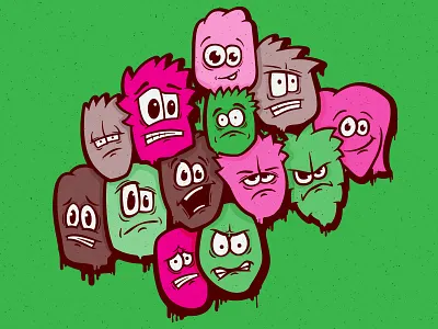 Emotional character drippy drips emotions expression eyes faces halftone happy illustraion nervous outline personality sad sleepy vector