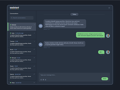 Timewith App - Messages - Dark Mode avatar balloons chat dark mode dark theme dark ui list mental health messages messaging timewith ui