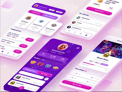 Mobile app for gamers. Play! Record! Reward! account achievements animation app badges cards design game gift ios mobile profile recording tasks ui ux