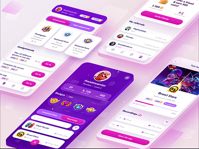 Mobile app for gamers. Play! Record! Reward! account achievements animation app badges cards design game gift ios mobile profile recording tasks ui ux