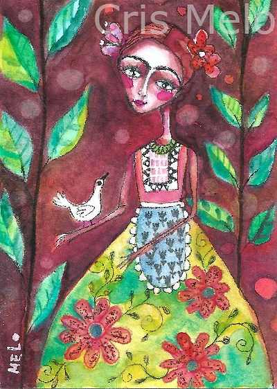 frida kahlo and pet bird aceo design floral fridakahlo handpainted illustration meloearth painting watercolor whimsical