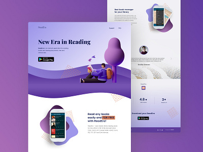 Reading App landing page design 3d app figmadesign landing landing page design reader reading app ui uiux violet webdesign website