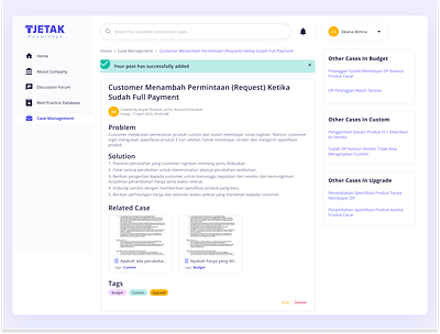 Case Management - Knowledge Management System - Post View article article page breadcrumbs case case design document file knowledge knowledge base knowledgebase news newsfeed post success message suggestion tags