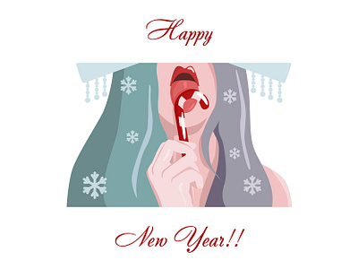 Happy New Year! 2021 card design felicitation flat girl hand happy new year illustration lick licking lollipop love minimal postcard snow snow maiden snowgirl tongue winter