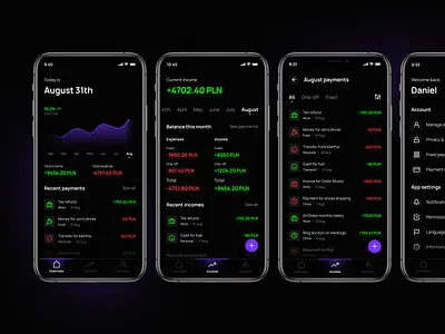 Expense management app account banking calendar charts dark mode date picker expense filters finance finance app income minimal mobile app overview payments reset password sign up ui ux