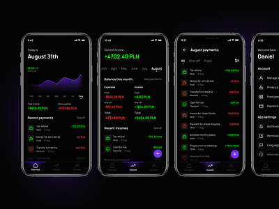 Expense management app account banking calendar charts dark mode date picker expense filters finance finance app income minimal mobile app overview payments reset password sign up ui ux