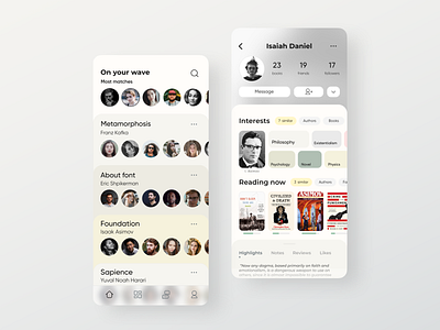 Match page and profile UI books communication explore match matches minimal uxui