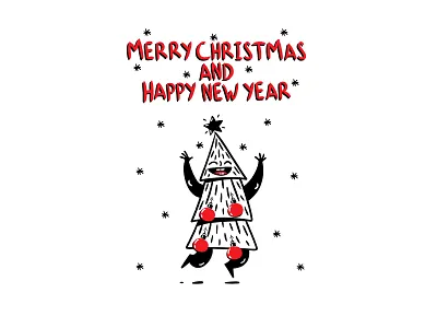 Christmas tree funny cartoon character. card cartoon character christmas funny greeting hand drawn illustration merry new star tree vector winter year