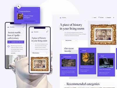 Auction — Video antique auction bid design ecommerce grid landing page layout page purple statue ui uiux video webdesign