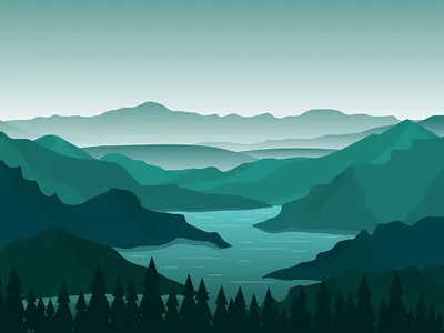 Winding River Mountain Forest Beautiful Rural Nature Landscape design drawing fir illustration mountain nature pine river valley