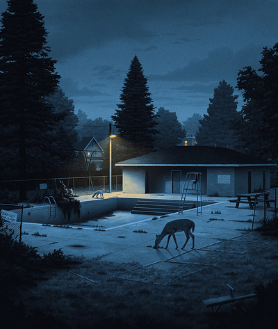 An Ocean Between deer fox grainy illustration moegly moody neighborhood night nostalgic park pool street lights