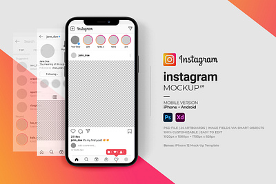 Instagram Mock-Up Template (Android + iOs) app application concept design frame graphic illustration instagram media mobile photo post social template vector web