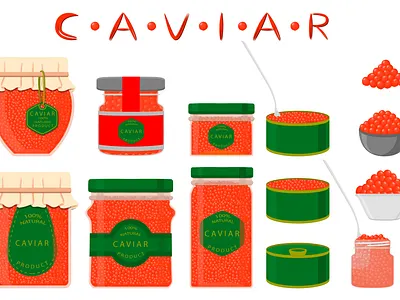 Caviar bowl can cap caviar design egg fish food glass heap illustration jar lid logo red round sea seafood set sushi