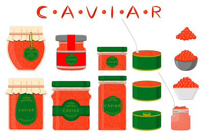 Caviar bowl can cap caviar design egg fish food glass heap illustration jar lid logo red round sea seafood set sushi