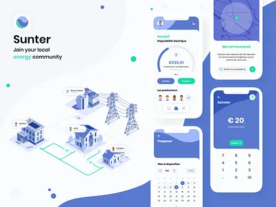 Sunter App - Join your local energy community calendar community energy gauge gps illustration isometric art isometry map neighbors payment point tracker uiux user userinterface uxdesign