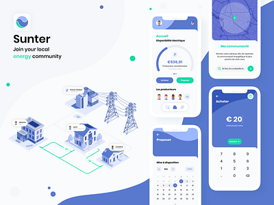 Sunter App - Join your local energy community calendar community energy gauge gps illustration isometric art isometry map neighbors payment point tracker uiux user userinterface uxdesign