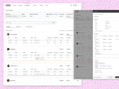 Time Review accordion filter hr hrms interaction design modal pay pay review payroll profile search shifts slideout software design table text field time time review time system web app