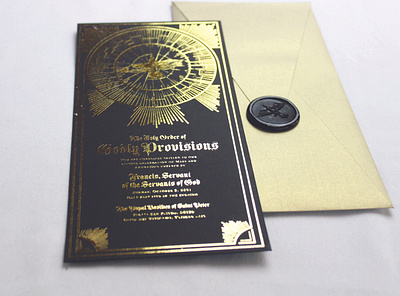 The Holy Order of Godly Provisions- Invitation black paper branding design gold foil illustration invitation set invitations invite logo packaging typography wax seal