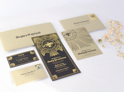 The Holy Order of Godly Provisions- Invitation Set 19th century branding design gold gold foil holy illustration invitation invitation card invitation set light logo packaging raven rsvp save the date typography