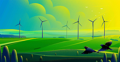 Energy bird energy finch green hill illustration landscape light morning nature sun tree uk windmill