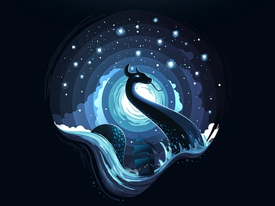 Sea Serpent boat graphic design illustration landscape madewithsketch monster nature negative night ocean proart prokopenko scene sea serpent ship snake storm trend wave