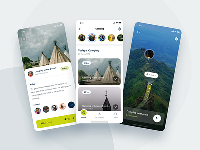 Camping APP app branding camping cards concept design dashboard design gradient illustration images ios landing page minimal mobile app design tent unsplash ux vector