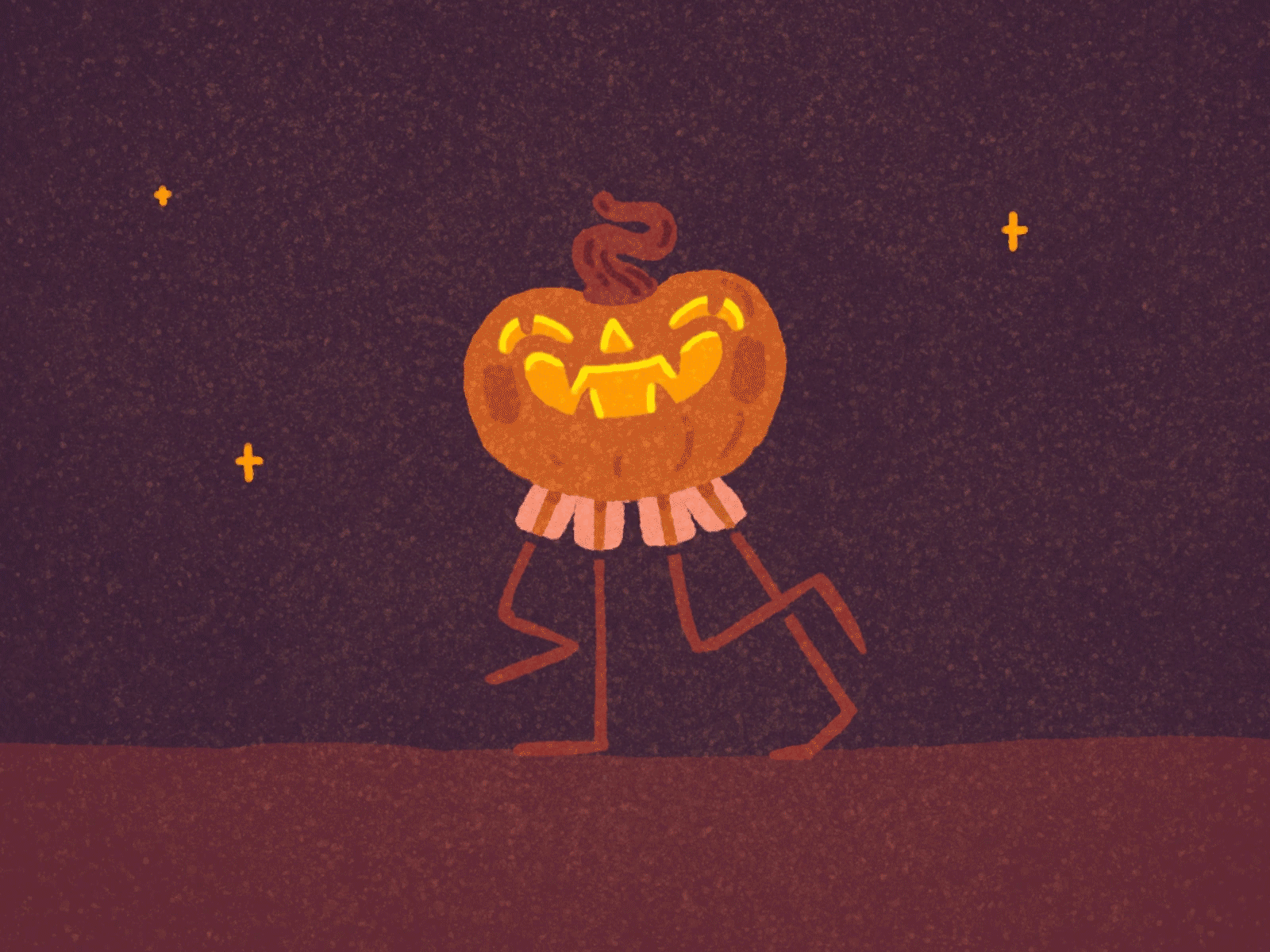 Pumpkin walk 2d character 2danimation animation characterdesign framebyframe halloween illustration laugh motion motion design night procreate pumpkin stars texture walking