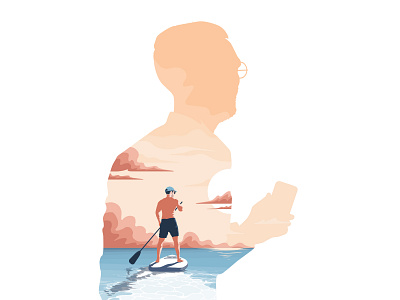 Guess who character flat illustration landscape paddle portrait sea sunset surf vector