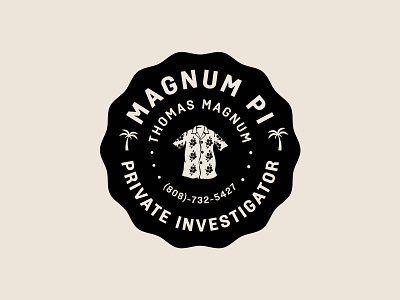 Magnum PI aloha shirt badge branding custom type hawaii icon identity illustration jay master design logo magnum pi packaging palm tree print tv show typography