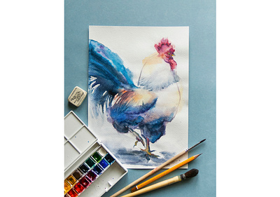 Rooster watercolor bird freehand drawing paints picture rooster watercolor watercolor cut