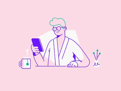 Check the message character desk home illustration lineart outlines patswerk phone plant tea texture vector