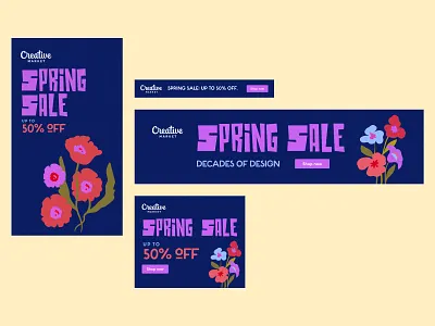Creative Market Spring Sale banner ads ads banner ads botanical cream display ads ecommerce floral flowers groovy html5 neon plants pop art purple retro sale spring ukraine