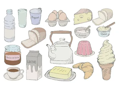 more food bread breakfast coffe design digitalart food hand drawn illustration milk photoshop print wacom