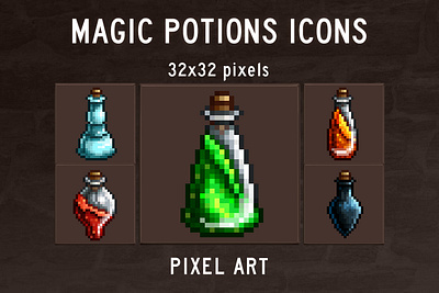 48 Free Magic Potions Pixel Art Icons 2d game assets gamedev icons icons pack icons set iconset indie game magic pixel art pixelart potions