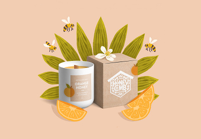 The Honey Comb House : Candle bees beeswax brand redesign branding candle digital art floral floral illustration freelance designer freelance illustrator fruit illustration leaves logo design nature nature brands nature design oranges personal project plants