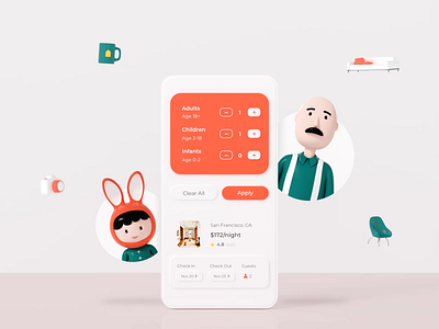 The House booking 3d interaction UI8 KIT 3d android animation calendar chair character 3d cinema 4d cinema4d furniture green hotel house illustration interaction interaction design ios mobile motion motion art motion design