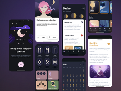 Moon Calender | Mobile ancient app design astrology budha dark theme haircut calendar horoscope lunar theme mobile app moon moon calendar moon in leo moon magic rune readings spirituality ui design user experience user interface ux design uxui