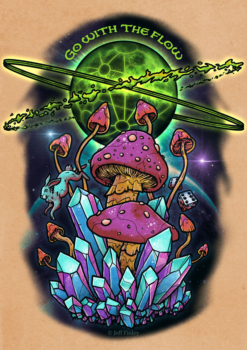 Go With the Flow astral cosmic crystals dice esoteric galaxy illustration lucid dreaming mushrooms out of body experience psychedelic shrooms space synchronicity tattoo treasure planet white rabbit