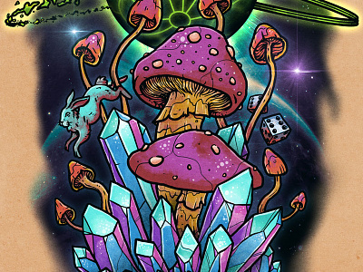 Go With the Flow astral cosmic crystals dice esoteric galaxy illustration lucid dreaming mushrooms out of body experience psychedelic shrooms space synchronicity tattoo treasure planet white rabbit