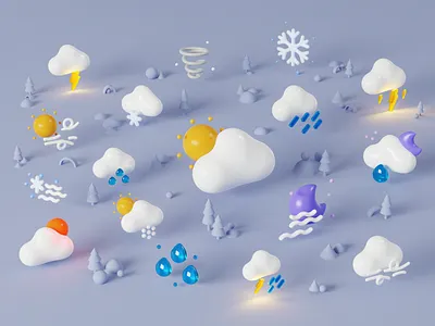 Weatherly 3D illustration 3d blender clay cloud colors cycle design illustration isometric lightning minimal moon rain raindrops render snow tornado tree weather wind