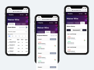 Shakitz Fantasy Football - Waiver Wire 🏈 american football fantasy football filter mobile website nfl table trade ui ux website