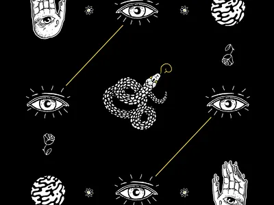 Ritual drawing eyes flowers gold graphic design hand illustration pattern roses snake white