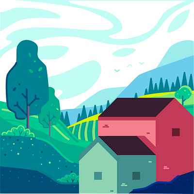 Country Side birds clouds countryside hills house illustraion landscape morning sky trees